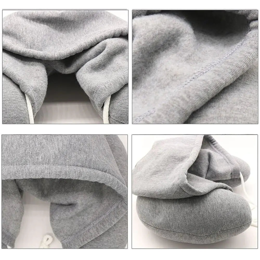 Gray hooded neck pillow closeup